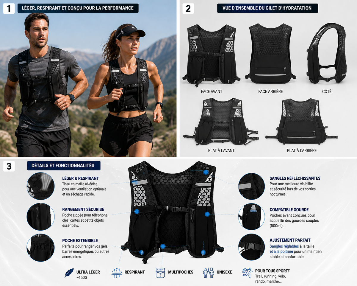 Gilet d'hydratation sportif ajustable pour hommes et femmes | Respirant et Léger