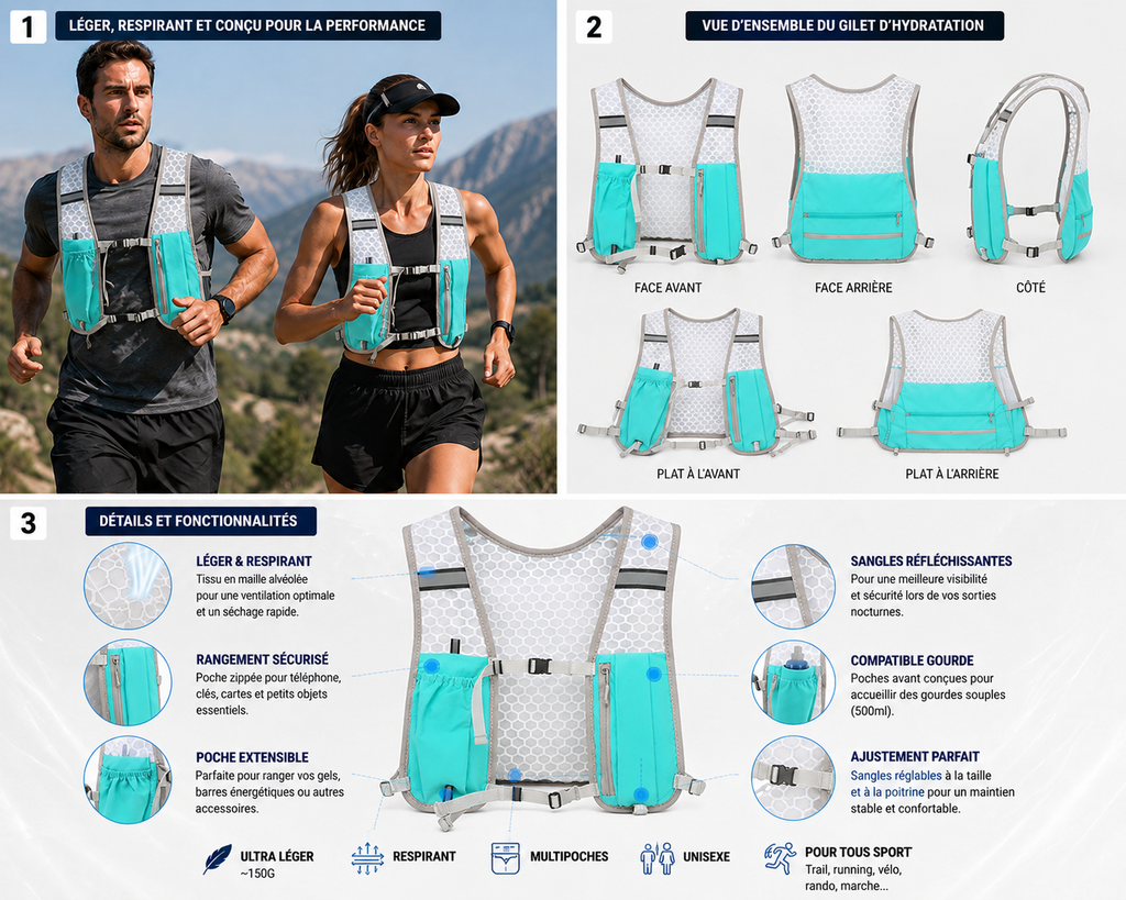 Gilet d'hydratation sportif ajustable pour hommes et femmes | Respirant et Léger