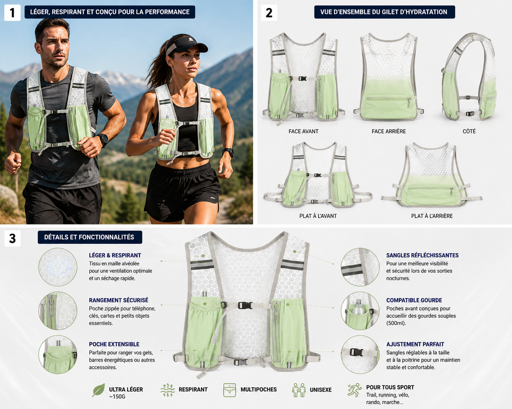 Gilet d'hydratation sportif ajustable pour hommes et femmes | Respirant et Léger