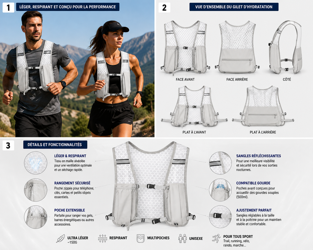 Gilet d'hydratation sportif ajustable pour hommes et femmes | Respirant et Léger